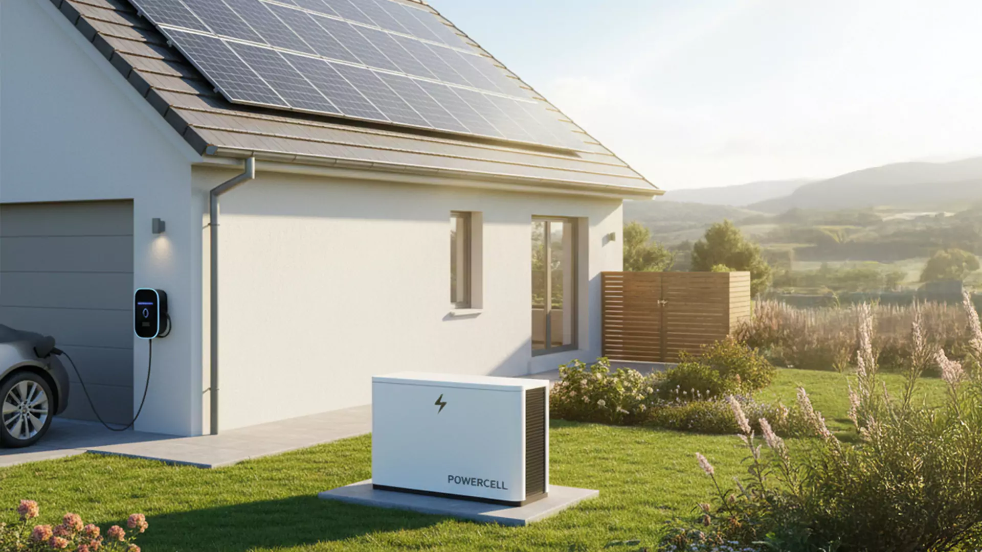 Ein modernes Haus mit einer 10 kWp PV-Anlage mit Speicher, Sonnenkollektoren auf dem Dach, einer Ladestation für Elektrofahrzeuge an der Wand und einer weißen POWERCELL-Batterieeinheit in einem sonnigen, begrünten Hof. Die Hügel und der klare Himmel vervollständigen den Hintergrund.