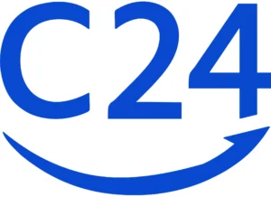 Blauer C24-Text über einer geschwungenen Linie, die an ein Lächeln erinnert, auf weißem Hintergrund.