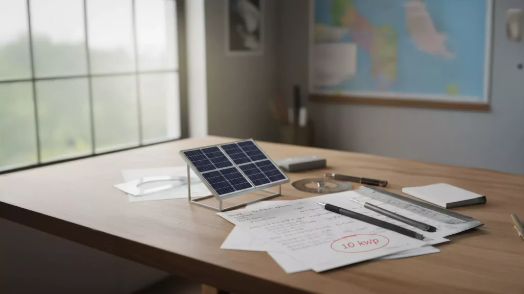 Ein kleines Solarmodell steht auf einem Schreibtisch, umgeben von Papieren, Stiften und Büromaterial. Die Papiere enthalten handschriftliche Notizen und einen roten Kreis um "10 kWp". Im Hintergrund befinden sich ein Fenster und eine Weltkarte an der Wand.