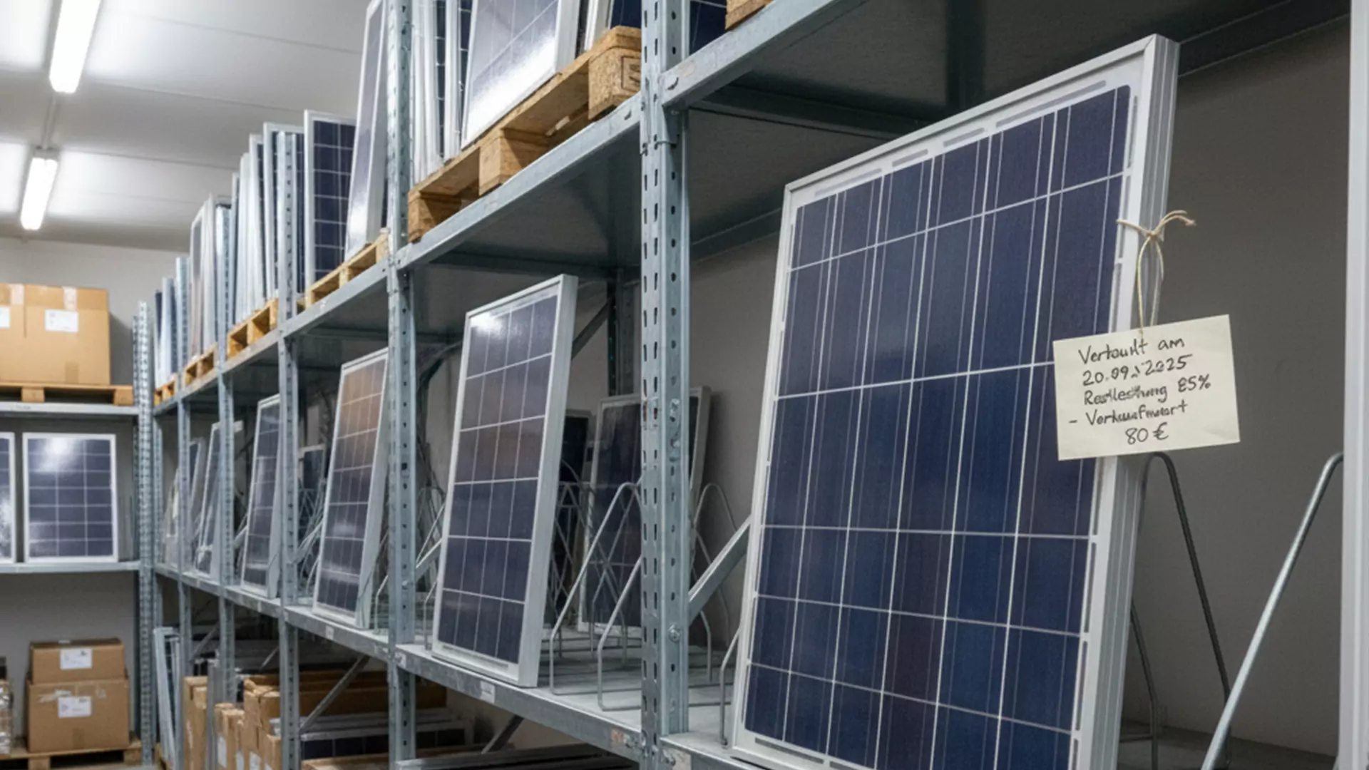 Mehrere Solarmodule werden aufrecht auf Metallregalen in einem Lagerhaus gelagert, bereit für den Einsatz oder die Entsorgung von Solarmodulen. Auf einer Platte ist ein handgeschriebenes Schild mit den technischen Daten und dem Preis angebracht, während sich in den unteren Regalen Kartons stapeln.