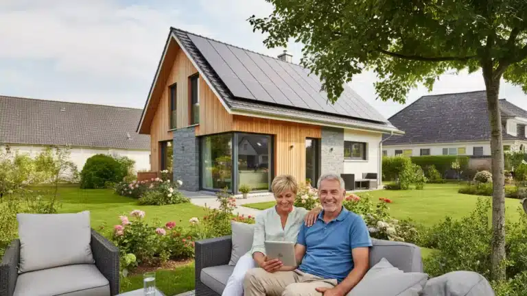 Ein lächelndes älteres Paar sitzt auf einem Sofa im Freien in einem sonnigen Hinterhof und hält ein Tablet in der Hand. Hinter ihnen steht ein modernes Haus mit Sonnenkollektoren auf dem Dach, umgeben von einem gepflegten Garten und Bäumen.
