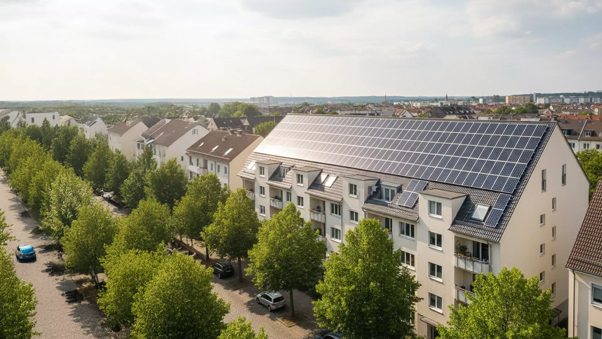 solaranlage auf einem mehrfamilienhaus in einer grünen stadt