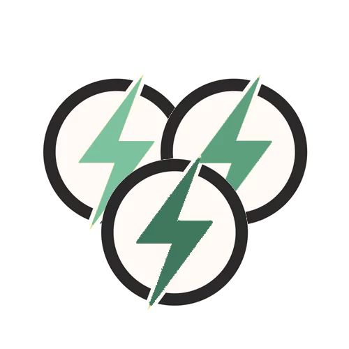Drei sich überschneidende, schwarz umrandete Kreise mit jeweils einem grünen, diagonal verlaufenden Blitzsymbol erinnern an den dynamischen Energiefluss, der entsteht, wenn Sie pv anlage größe berechnen, und das alles vor einem klaren weißen Hintergrund.