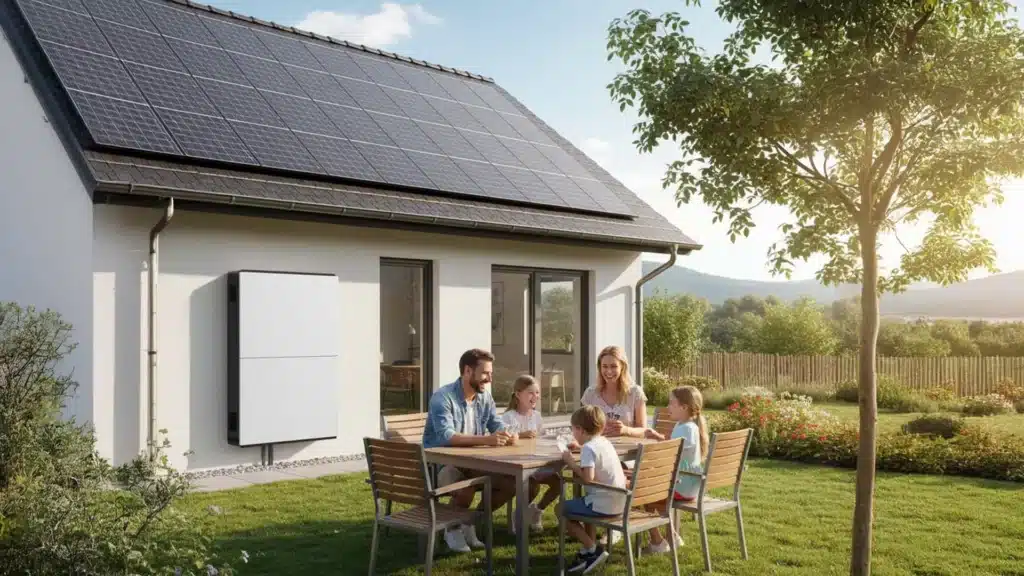 Eine fünfköpfige Familie sitzt um einen Holztisch in einem sonnigen Hinterhof und genießt eine Mahlzeit in der Nähe eines weißen Hauses mit einer 15-kWp-PV-Anlage auf dem Dach und einem großen Garten, unter einem klaren blauen Himmel.