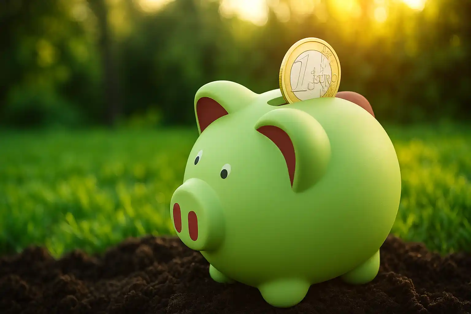 Ein grünes Sparschwein mit einer eingesteckten Ein-Euro-Münze sitzt im Freien auf dem Boden und fängt den Geist des Sparens und Investierens ein - und spiegelt eine positive justtrade erfahrung inmitten von grünem Gras und Sonnenlicht im Hintergrund wider.