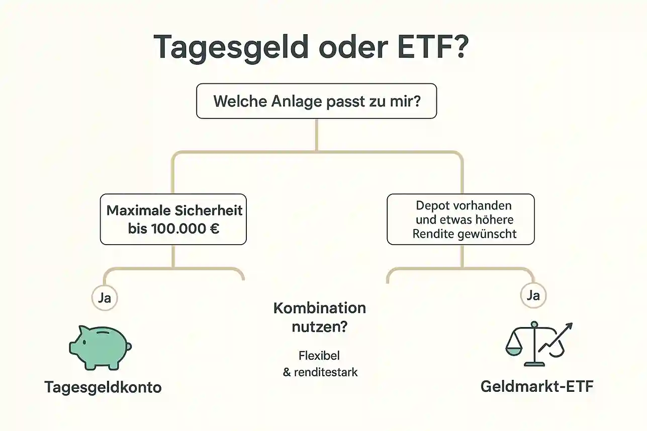 Infografik zur Wahl zwischen Tagesgeldkonto und Tagesgeld ETF: Bis 100.000 € Sicherheit spricht fürs Tagesgeldkonto, für mehr Rendite im Depot zum Tagesgeld ETF. Eine kombinierte Nutzung wird empfohlen.