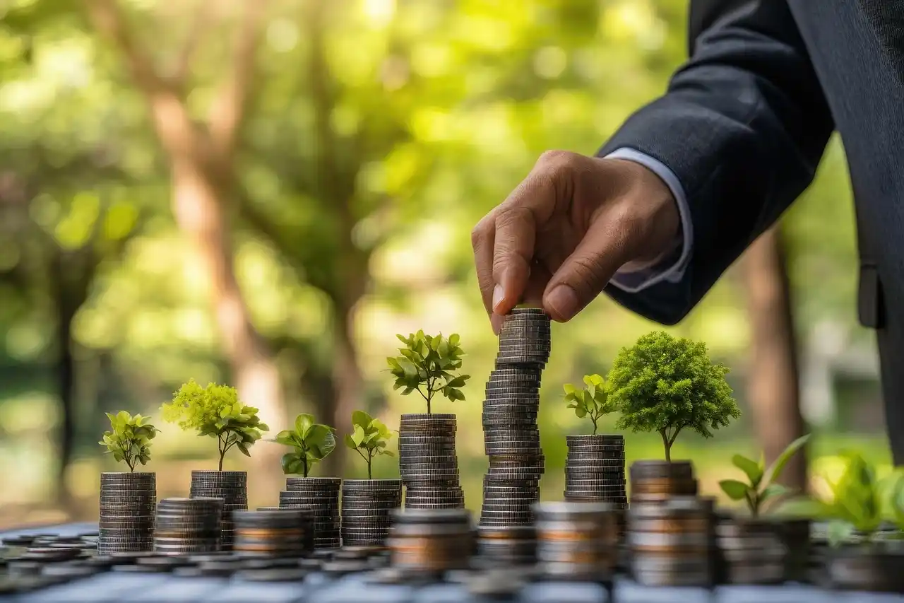 Eine Person im Anzug stapelt Münzen, auf denen kleine Pflanzen und Bäume wachsen, als Symbol für finanzielles Wachstum und Investitionen in Nachhaltigkeit. Das verschwommene Grün unterstreicht eine positive justtrade erfahrung und umweltfreundliches Investieren.