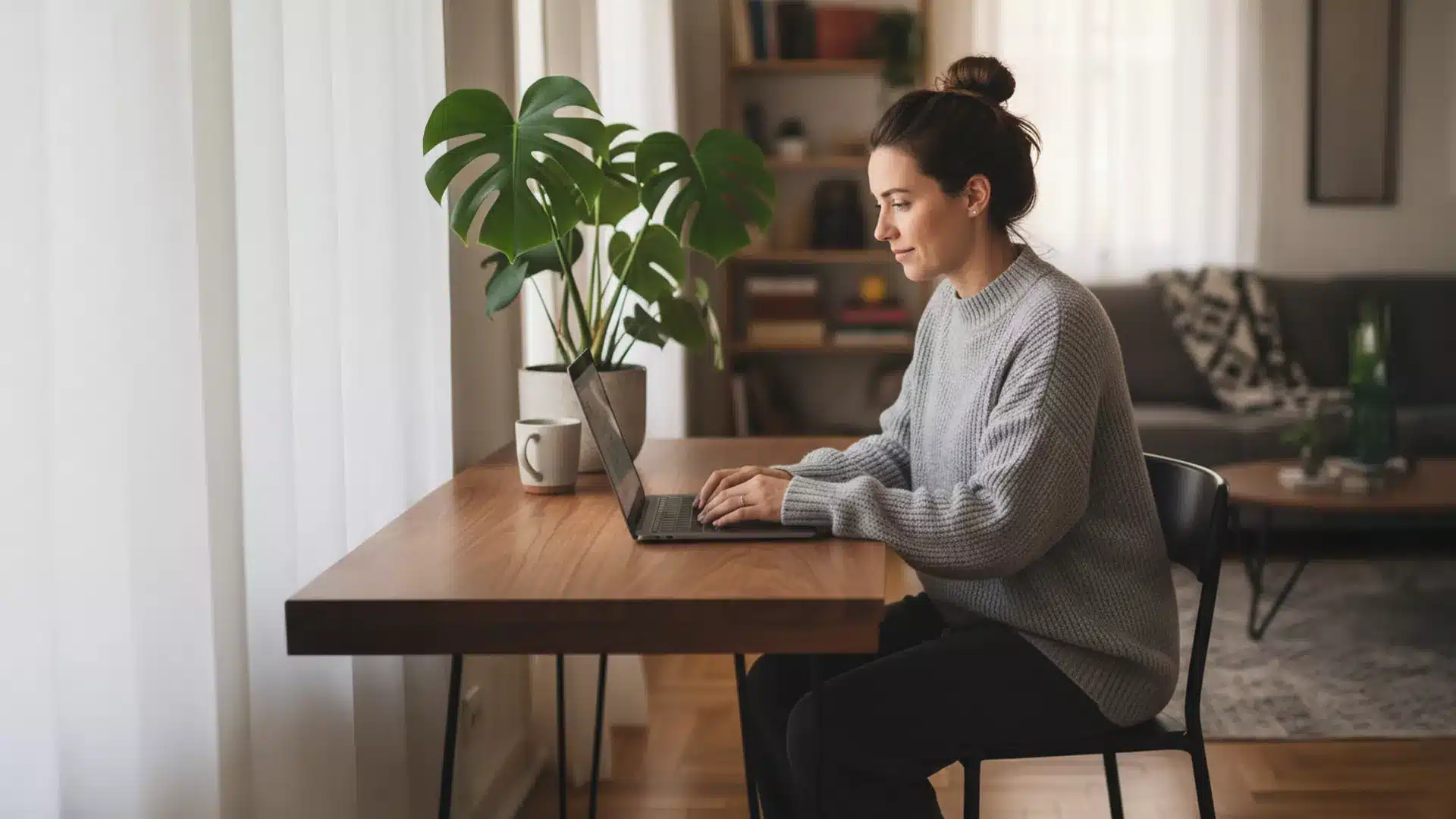 Eine Frau sitzt an einem hölzernen Schreibtisch und arbeitet an einem Laptop in einem hellen, gemütlichen Wohnzimmer. Eine grüne Topfpflanze und ein Becher stehen auf dem Schreibtisch. Sanftes Tageslicht, das aus solarpflichtigen Fenstern kommt, strömt durch transparente Vorhänge.