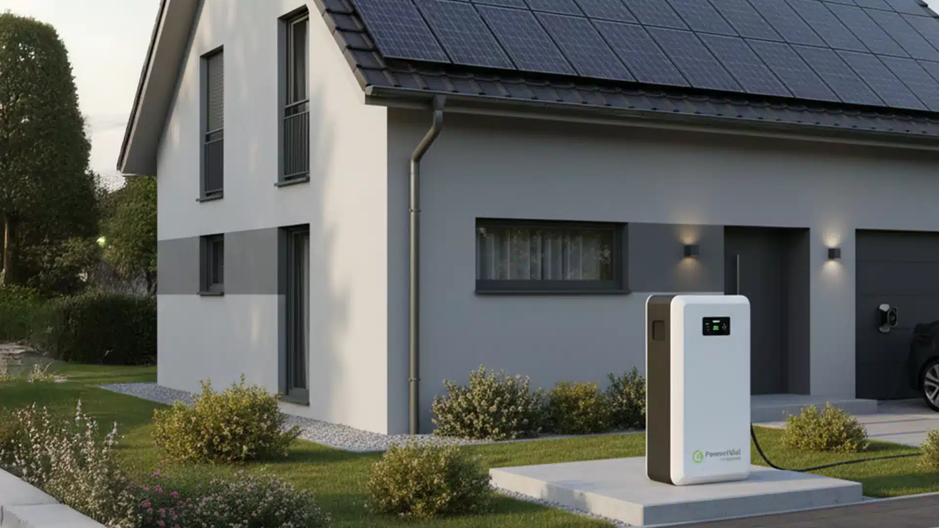 Ein modernes Haus mit Sonnenkollektoren auf dem Dach - eine perfekte Illustration dafür, warum sich eine Solaranlage lohnt. Ein weißer Energiespeicher steht auf dem Rasen, während ein E-Auto an der Wallbox lädt. Kleine Büsche und Gras verschönern den Garten.