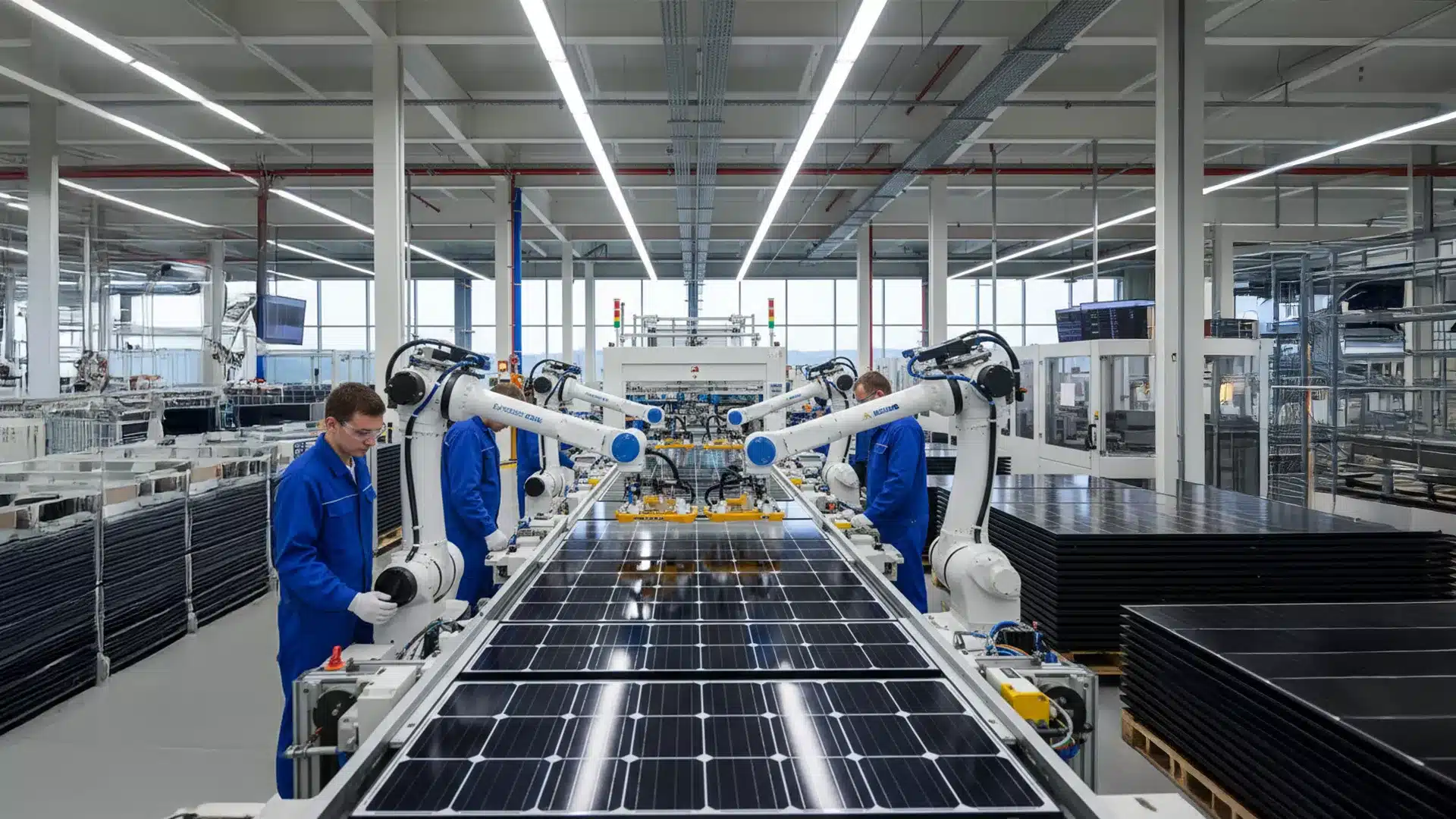 Arbeiter in blauen Uniformen beaufsichtigen Roboterarme bei der Montage von Solarmodulen auf einer Fertigungsstraße. Sie zeigen die Solarmodul Herstellung in einer hellen, modernen Fabrik mit großen Fenstern und Stapeln von fertigen Modulen.
