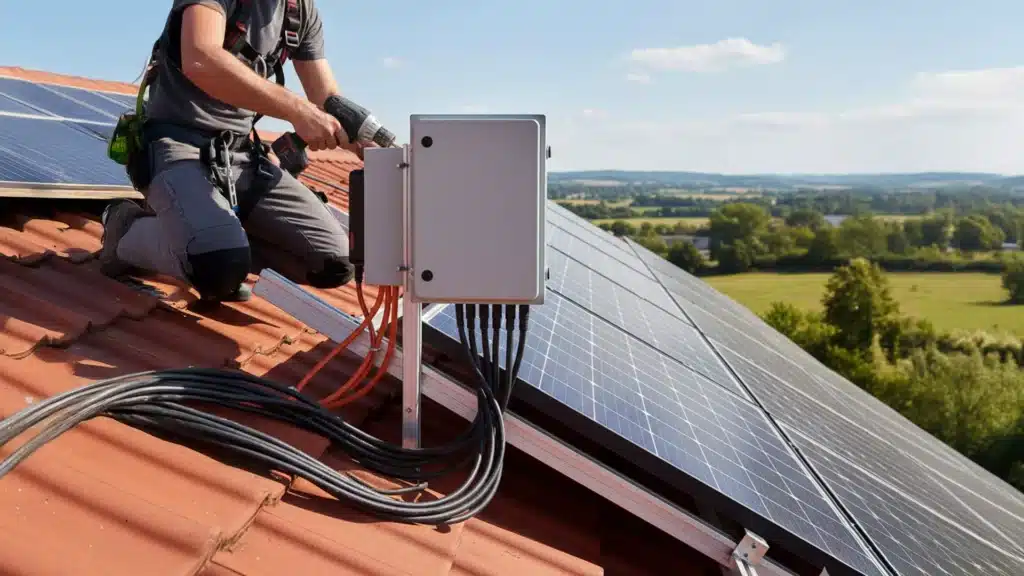 Ein Arbeiter in Schutzkleidung kniet auf einem Ziegeldach und installiert oder wartet eine Solaranlage. Mehrere Solarmodule und elektrische Leitungen sind zu sehen, im Hintergrund eine malerische ländliche Landschaft.