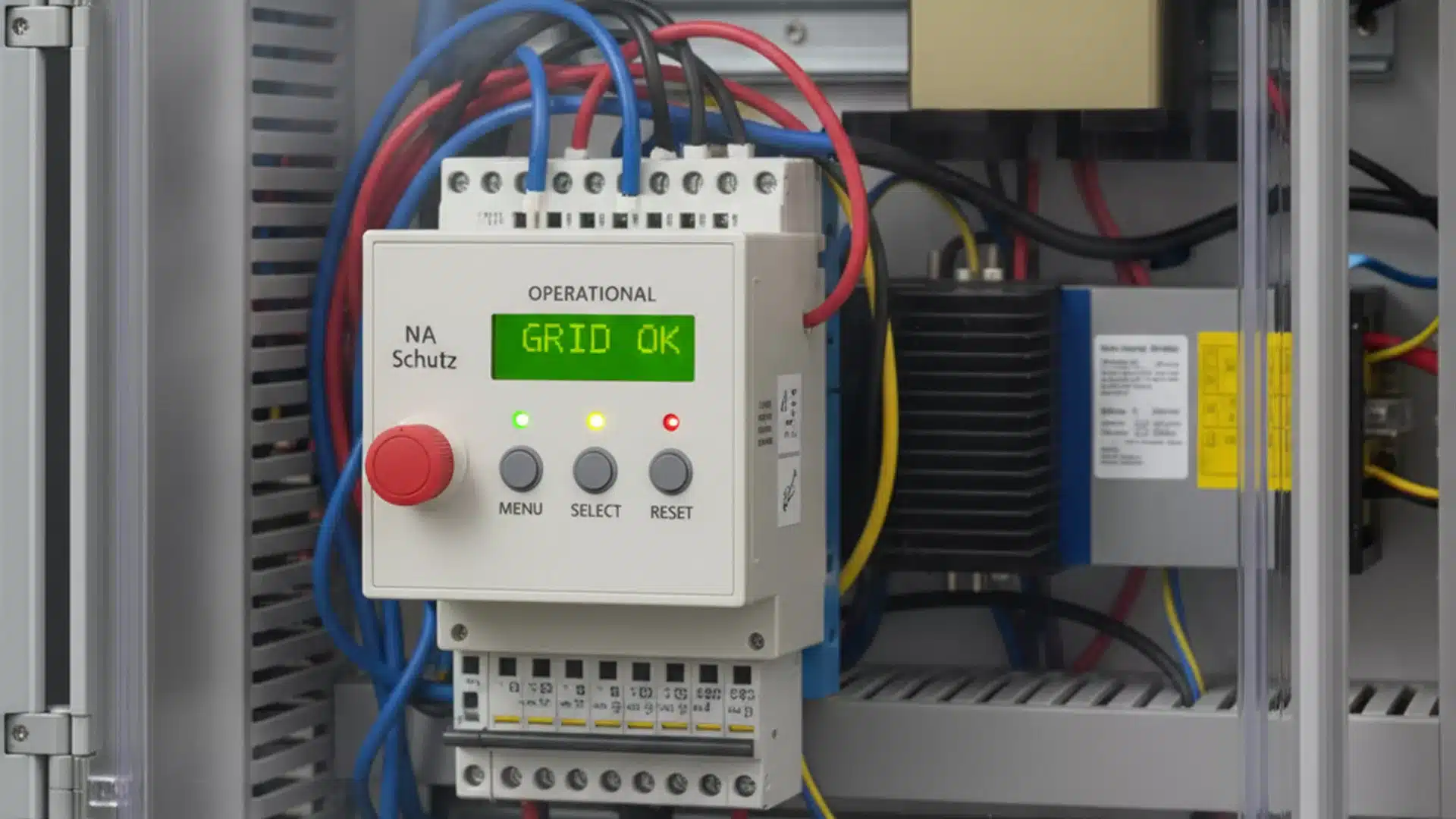 Nahaufnahme einer elektrischen Schalttafel mit NA Schutz-Sicherheitskomponenten, an der mehrere Drähte befestigt sind. Auf dem Display steht GRID OK, drei grüne Kontrollleuchten - Menu, Select und Reset - und eine große rote Not-Aus-Taste.