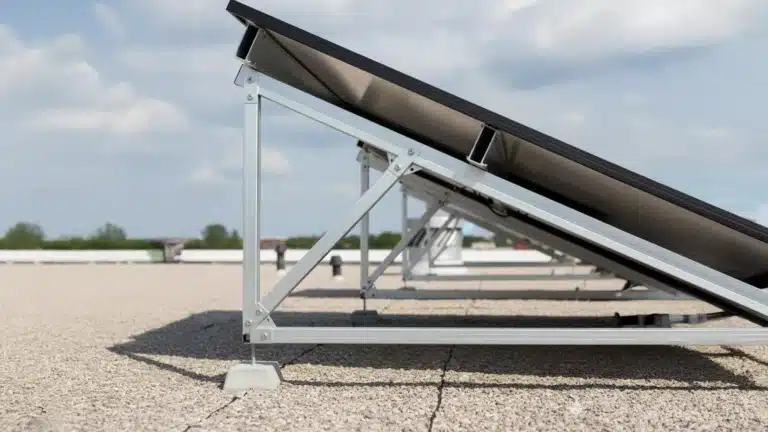 Seitenansicht von Solarmodulen, die auf einem Flachdach montiert sind. Zu sehen sind die Metallträgerstruktur und die kiesbedeckte Dachfläche bei teilweise bewölktem Himmel.