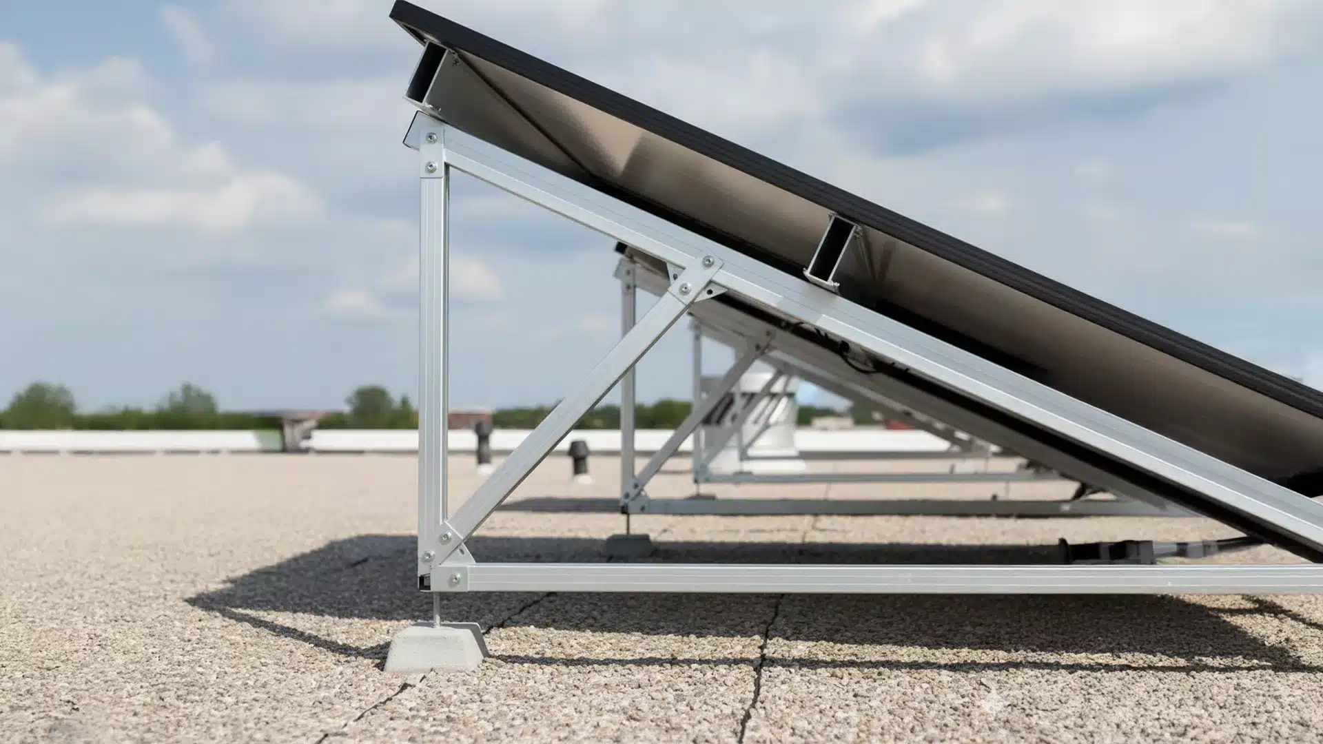Seitenansicht von Solarmodulen, die auf einem Flachdach montiert sind. Zu sehen sind die Metallträgerstruktur und die kiesbedeckte Dachfläche bei teilweise bewölktem Himmel.