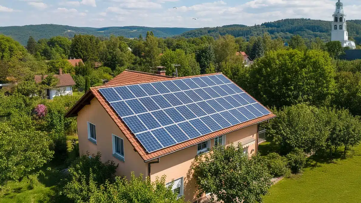 Ein Haus mit einem roten Ziegeldach, das mit Solarzellen bedeckt ist, ist von Bäumen und Grünflächen in einer ländlichen Gegend umgeben. Im Hintergrund sind ein Kirchturm und bewaldete Hügel unter einem teilweise bewölkten Himmel zu sehen.