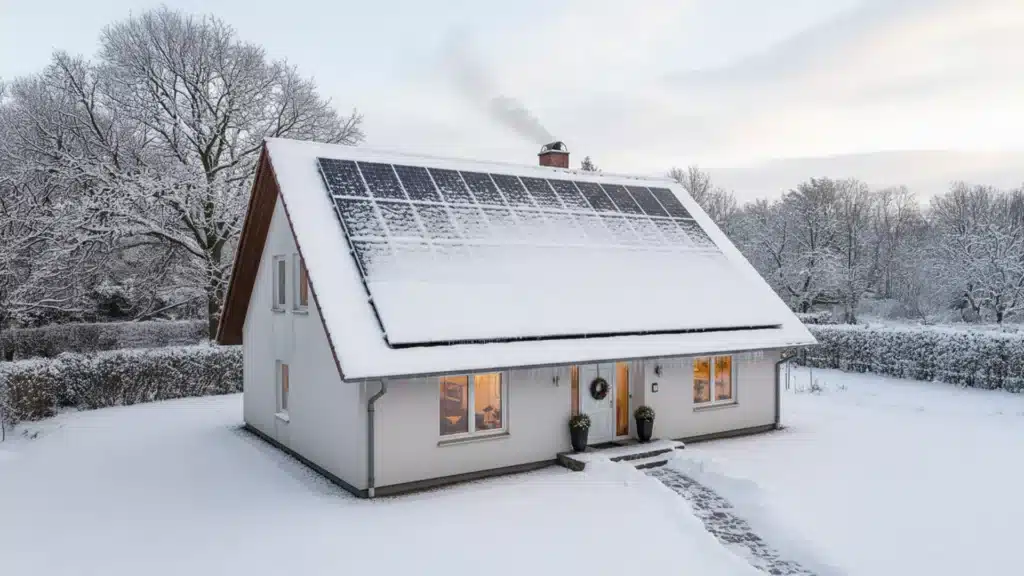Ein weißes Haus mit Sonnenkollektoren auf dem schneebedeckten Dach steht in einem verschneiten Hof, aus den Fenstern strahlt warmes Licht und im Hintergrund sieht man schneebedeckte Bäume. Rauch steigt aus dem Schornstein auf.