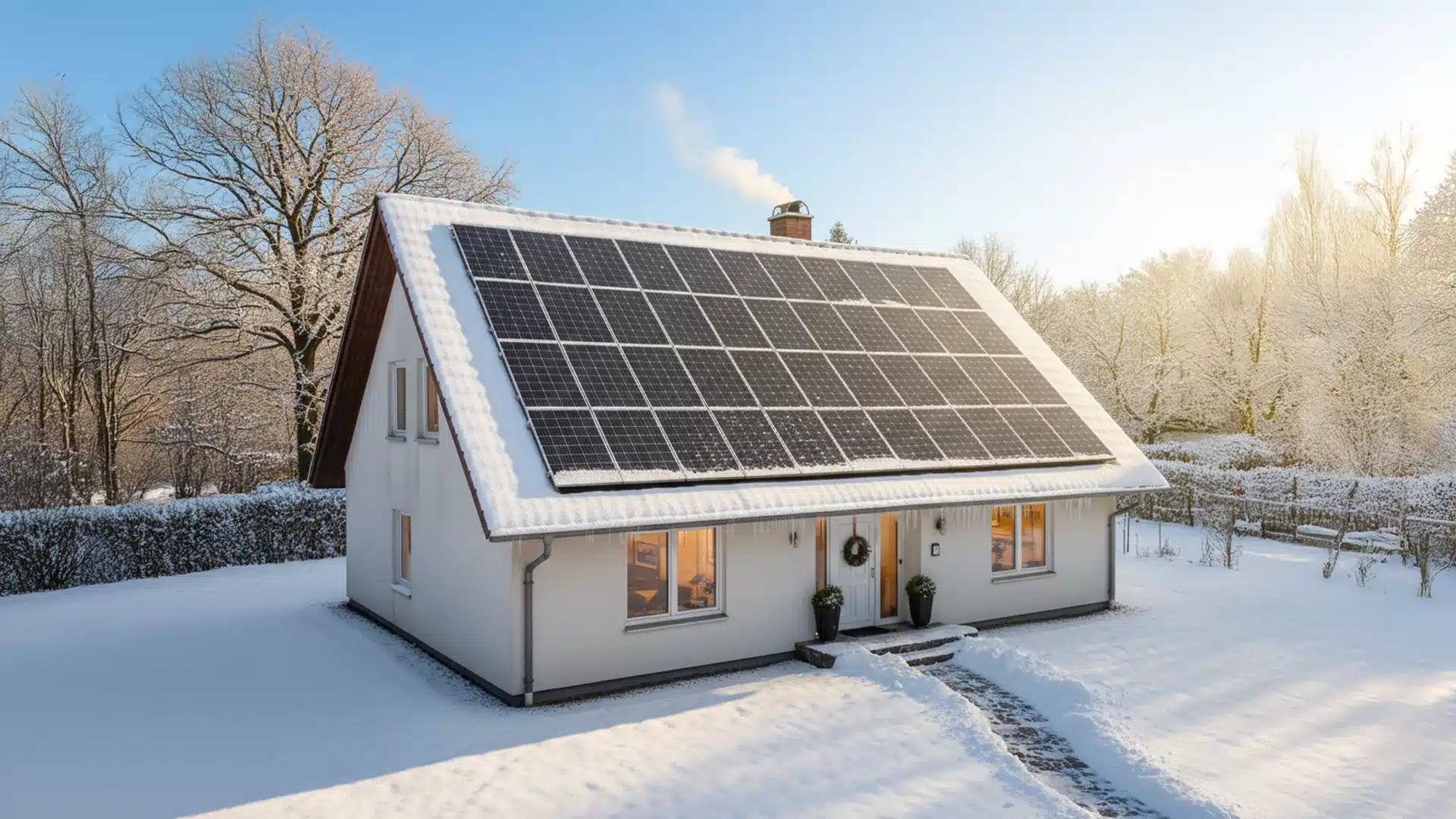 Ein modernes Haus mit großen Sonnenkollektoren (Photovoltaikanlage im Winter) auf dem schneebedeckten Dach, umgeben von Bäumen und einem verschneiten Hof an einem klaren, sonnigen Wintertag. Warmes Licht leuchtet aus den Fenstern.