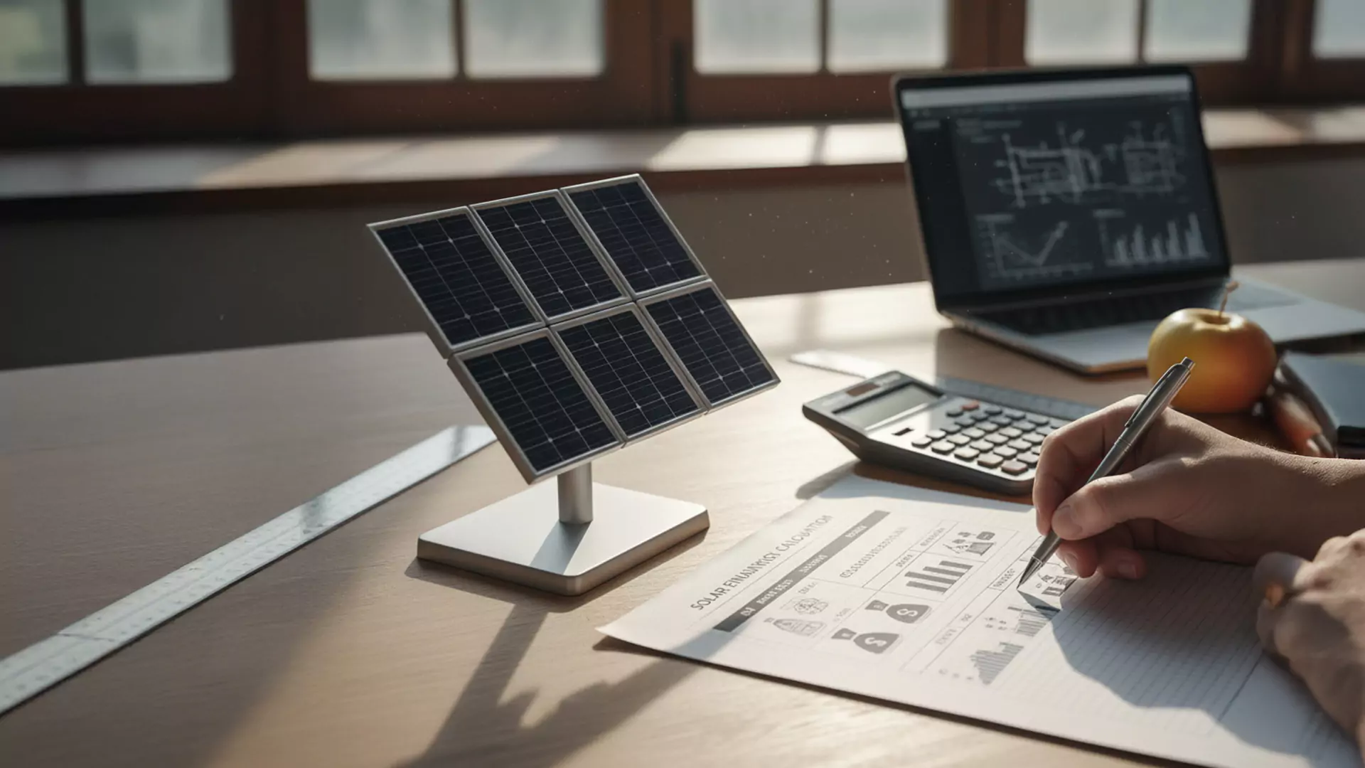 Eine Person arbeitet an einem Schreibtisch mit einem kleinen Solarmodell, einem Taschenrechner, einem Laptop mit technischen Zeichnungen, einem Lineal und einem Dokument mit Diagrammen und Tabellen zur Solarenergie. Sonnenlicht strömt durch die nahe gelegenen Fenster.
