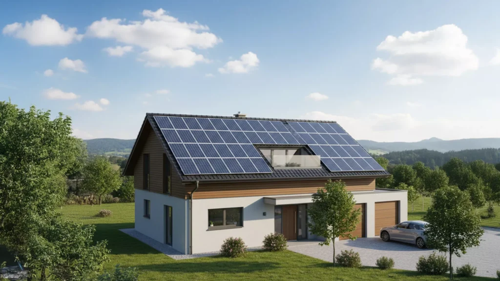 Ein modernes zweistöckiges Haus mit Sonnenkollektoren auf dem Dach, umgeben von grünem Gras, Bäumen und Hügeln unter einem blauen Himmel mit vereinzelten Wolken. Eine Auffahrt führt zu einer Garage auf der rechten Seite.