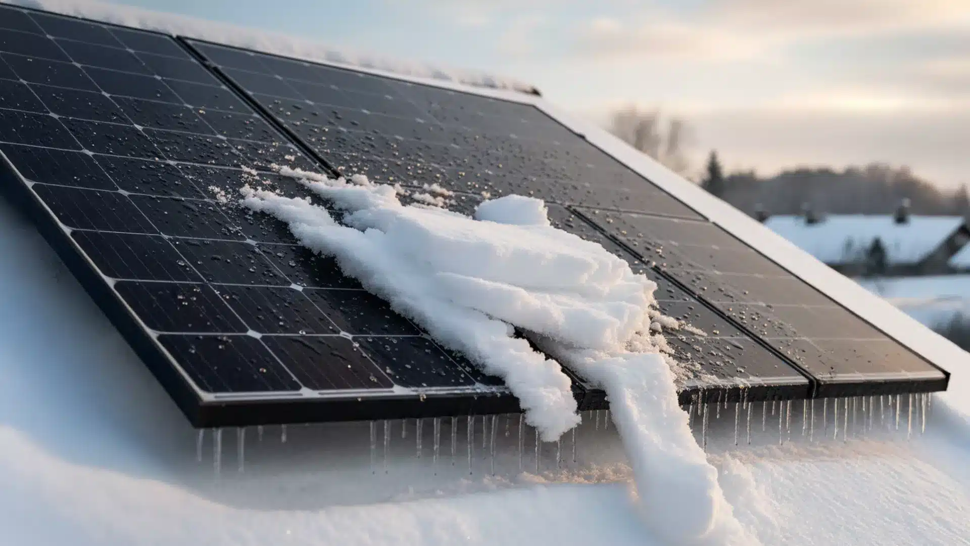 Eine Photovoltaikanlage im Winter, bedeckt mit schmelzenden Schneeflecken und Eiszapfen, ist auf einem verschneiten Dach montiert, mit einer verschwommenen Winterlandschaft im Hintergrund.