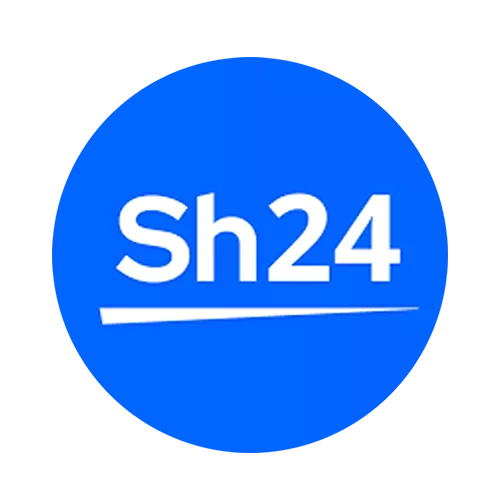 Blaues Logo mit dem Schriftzug Sh24 in weißer Farbe, teilweise eingefasst in eine abgerundete, verpixelte blaue Form, die an das moderne 15-kWp-PV-Anlage-Branding erinnert, mit einer weißen horizontalen Linie unter dem Schriftzug.