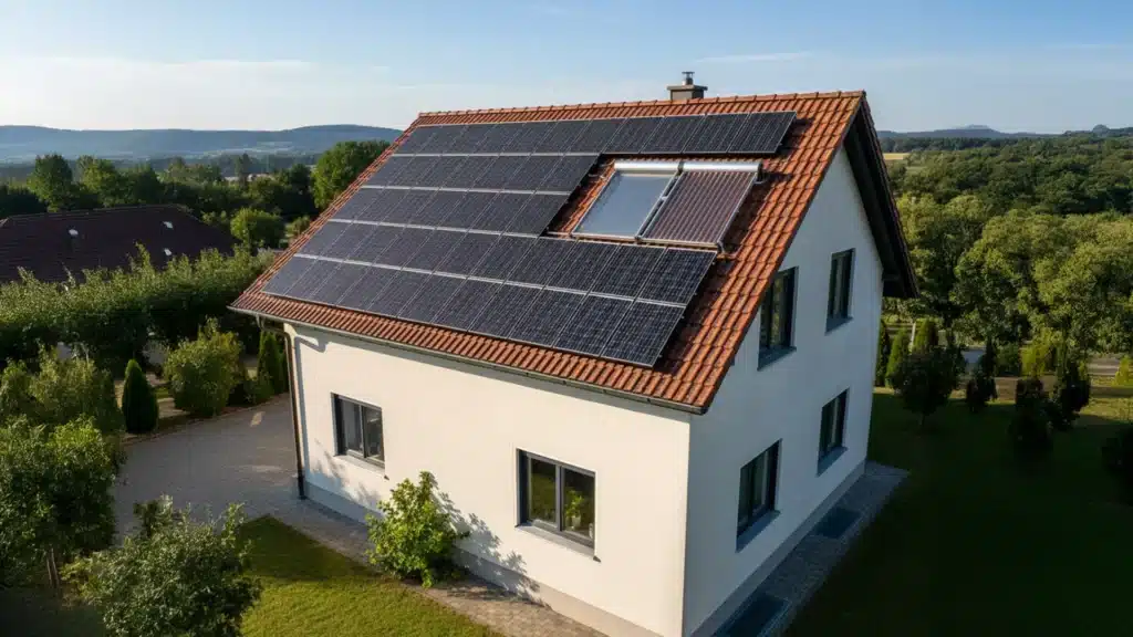 Ein modernes weißes Haus mit rotem Ziegeldach, das mit Sonnenkollektoren ausgestattet ist, umgeben von grünem Gras, Bäumen und Hügeln unter einem klaren blauen Himmel.