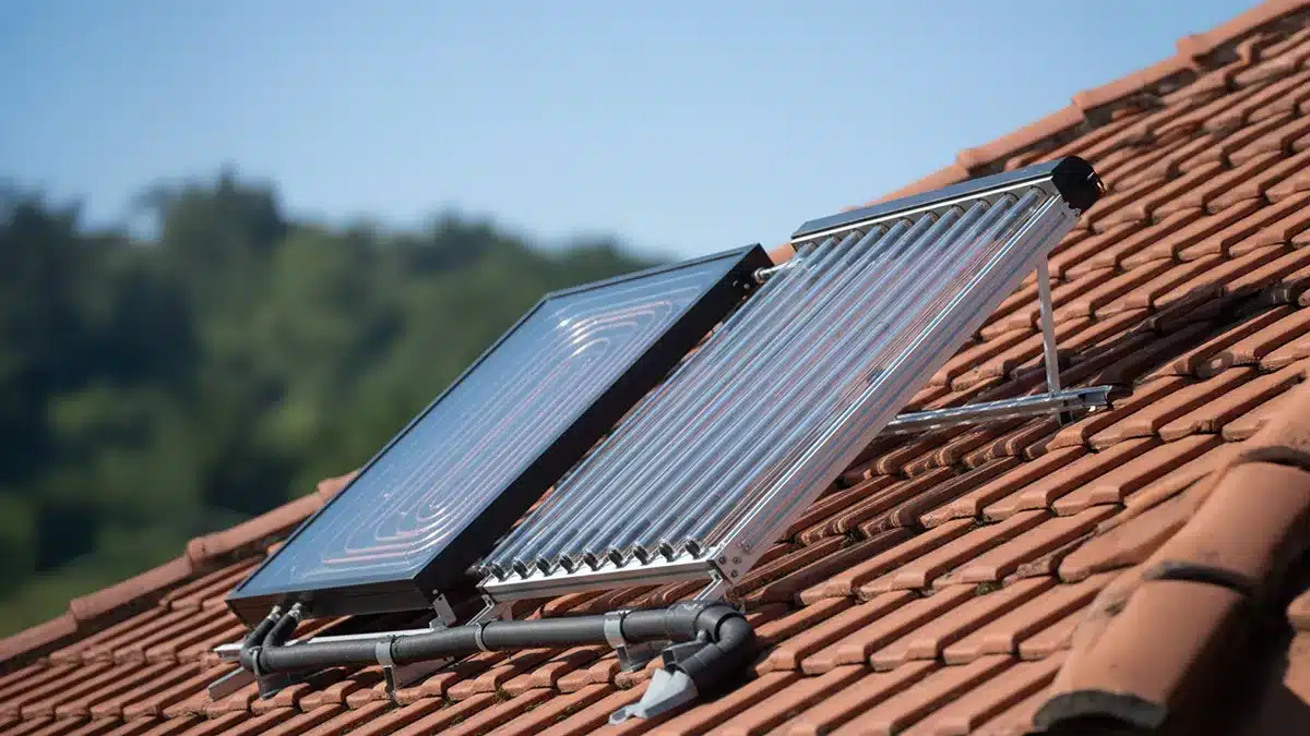 Auf einem roten Ziegeldach ist eine Solaranlage zur Warmwasserbereitung mit Glaspaneelen und Metallrohren installiert, die vor einem unscharfen Hintergrund aus Bäumen und blauem Himmel den Unterschied in der Photovoltaik zeigt.