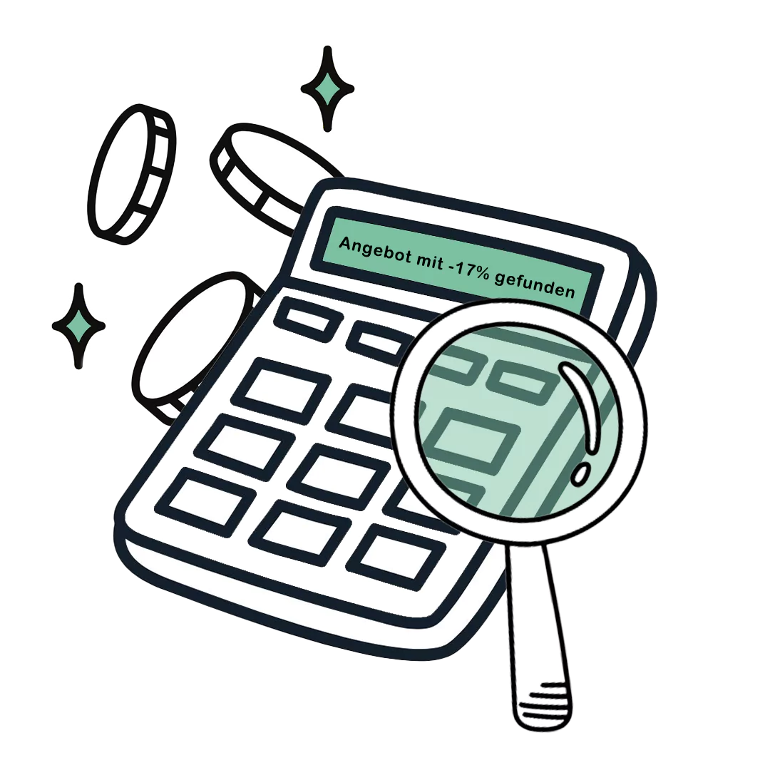 Illustration eines Taschenrechners mit Münzen und Glitzern um ihn herum. Ein Vergrößerungsglas ist über das Display des Taschenrechners gelegt, auf dem auf Deutsch "Angebot mit -17% gefunden" steht.