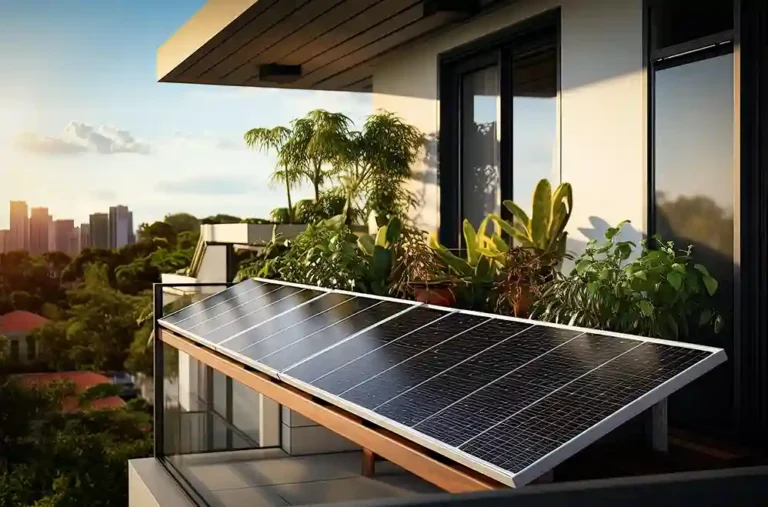 Ein moderner Balkon mit üppigen Grünpflanzen und einem großen Priwatt-Solarmodul, das während des Sonnenuntergangs auf eine Stadtlandschaft mit Bäumen und hohen Gebäuden im Hintergrund blickt, spiegelt die positive Priwatt-Erfahrung wider.