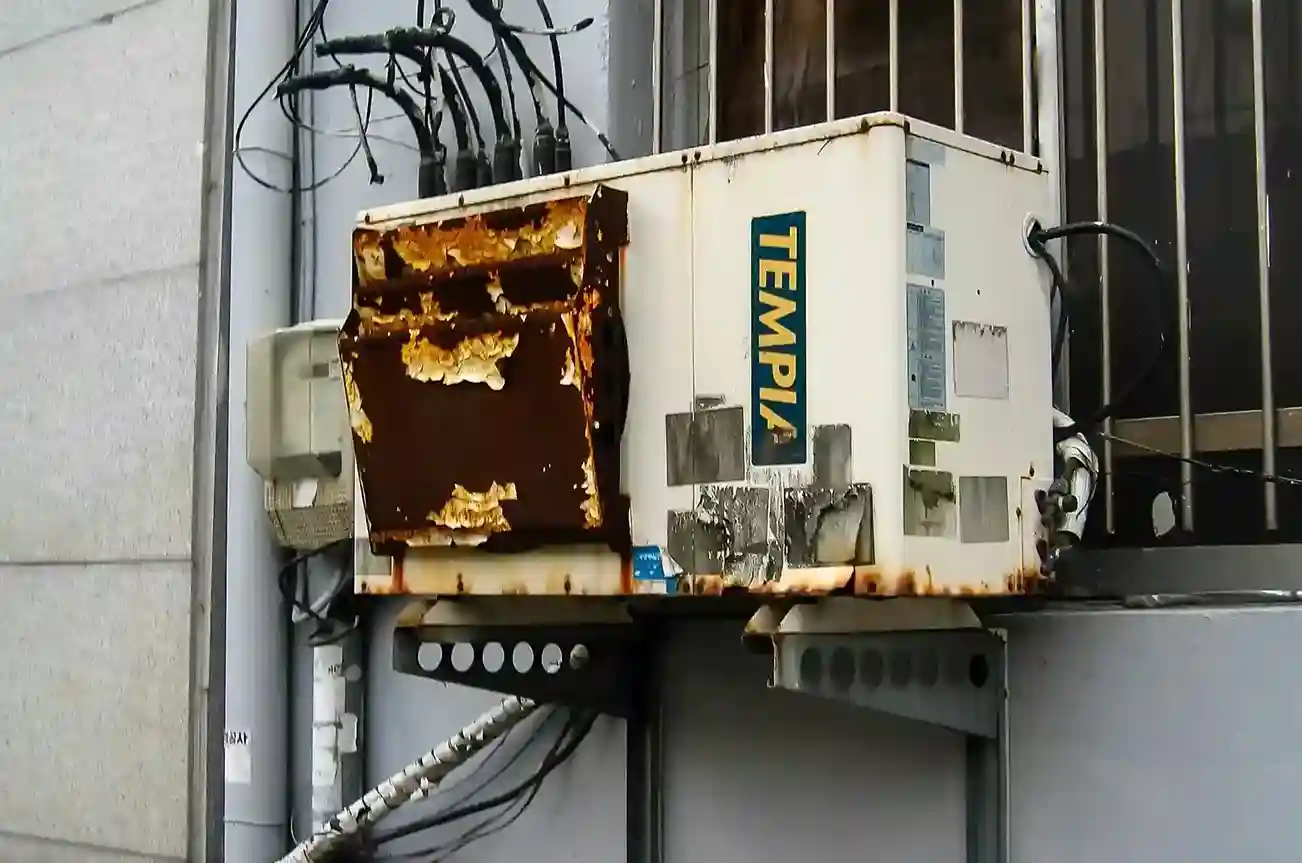 Ein stark verrostetes und abblätterndes Außenklimagerät mit der Aufschrift TEMPLA ist an einer Wand montiert, um das herum freiliegende Drähte und Rohre zu sehen sind - ein starker Kontrast zur Effizienz der Polarstern Strom Lösungen.