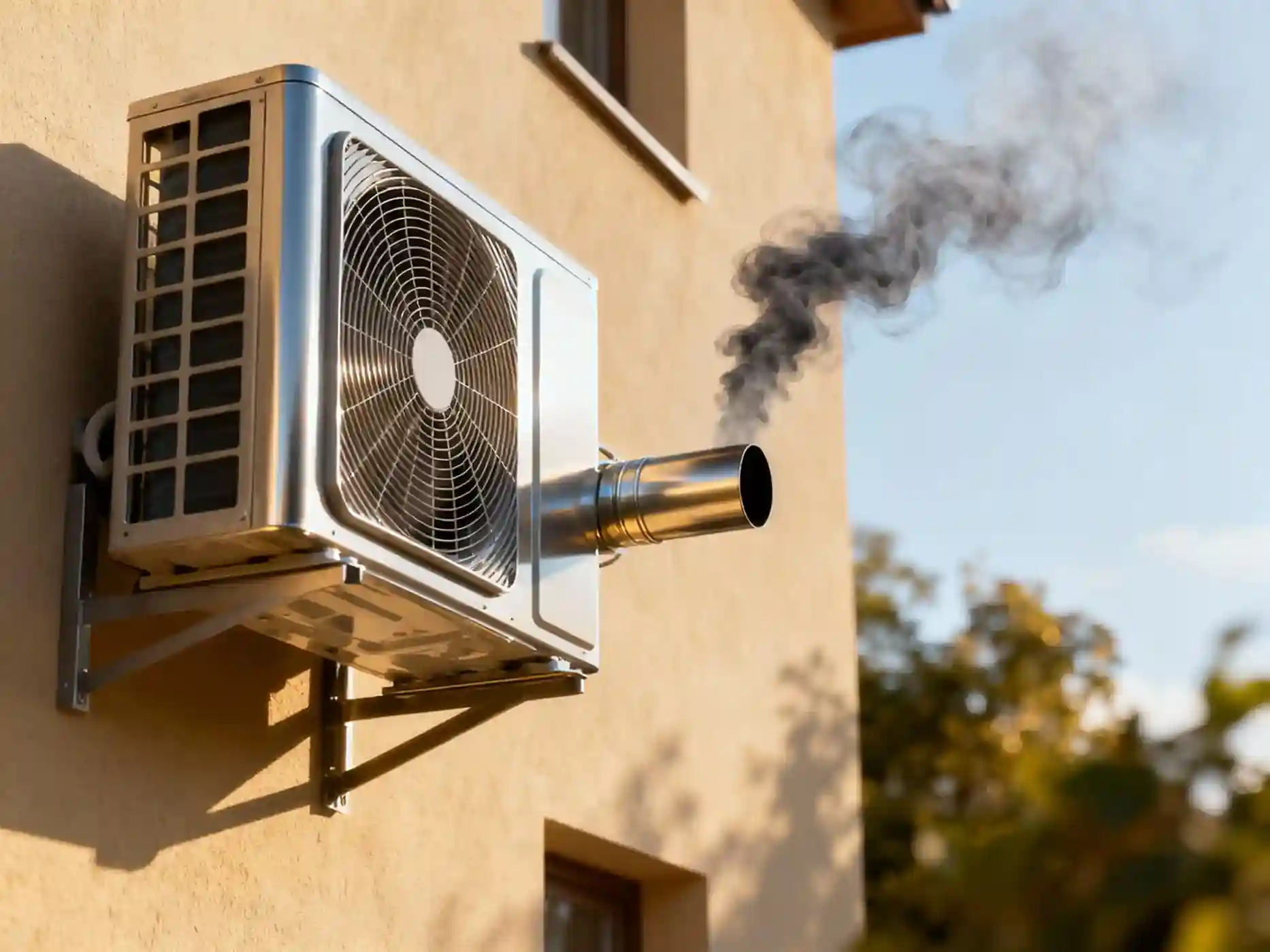 Ein Klimagerät, möglicherweise eine Wärmepumpe dampft, ist an einer Außenwand mit einem metallenen Abgasrohr montiert, das dunklen Rauch ausstößt, vor einem verschwommenen Hintergrund aus Bäumen und Himmel.