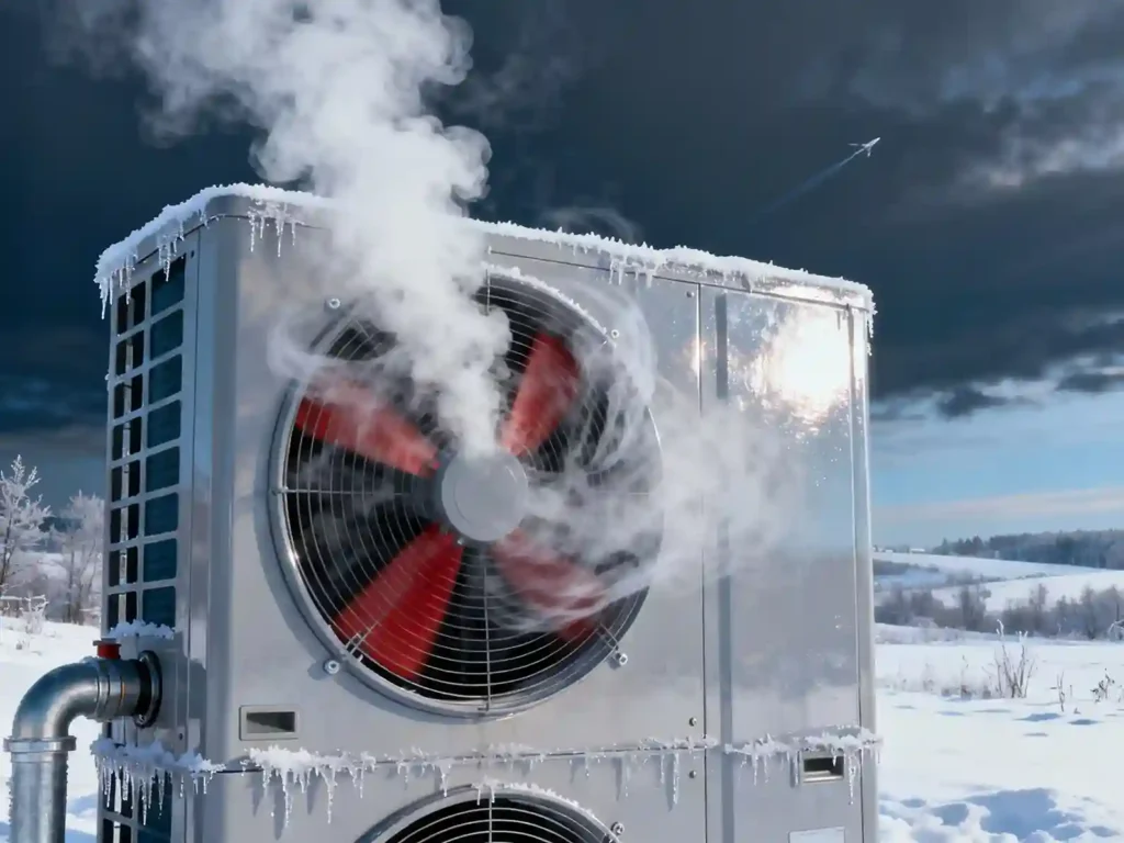 Eine Wärmepumpe im Freien dampft, während sie in Betrieb ist, mit Reif und Eiszapfen bedeckt, in einer verschneiten Winterlandschaft unter einem dunklen, bewölkten Himmel Dampf abgibt.