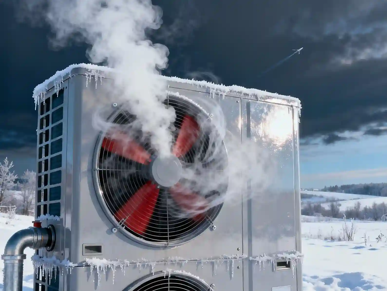 Eine Wärmepumpe im Freien dampft, während sie in Betrieb ist, mit Reif und Eiszapfen bedeckt, in einer verschneiten Winterlandschaft unter einem dunklen, bewölkten Himmel Dampf abgibt.