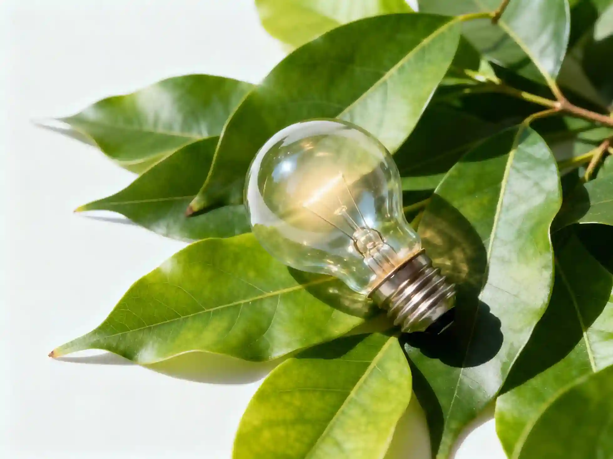 Eine durchsichtige Glühbirne ruht auf mehreren großen, glänzend grünen Blättern, die das Konzept von PLAN-B NET ZERO Energy und das Engagement für umweltfreundliche, nachhaltige Lösungen symbolisieren.