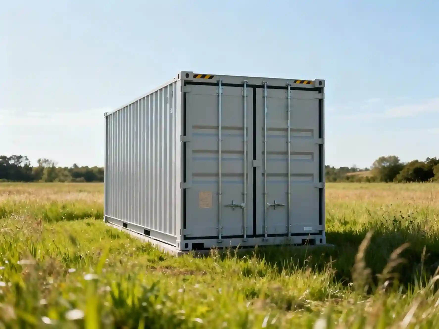 Ein großer grauer PLAN-B NET ZERO Energy Schiffscontainer steht auf grünem Gras in einem offenen Feld unter einem klaren blauen Himmel, mit Bäumen in der Ferne.