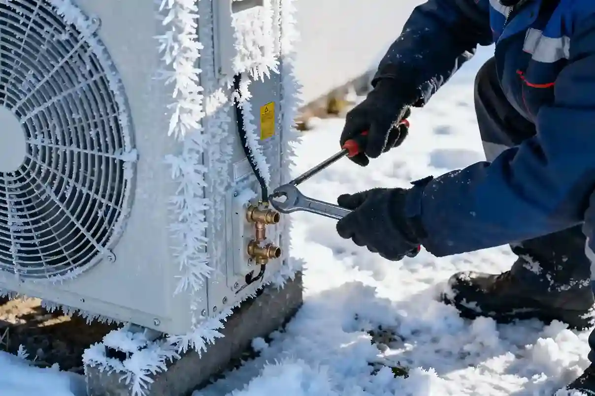 Eine Person mit Handschuhen benutzt eine Zange, um die Rohre einer frostigen, von Schnee umgebenen Klimaanlage im Freien zu justieren, wobei sie sorgfältig arbeitet, um einen effizienten Polarstern Stromfluss zu gewährleisten. Frostmuster sind auf der Oberfläche des Geräts sichtbar.