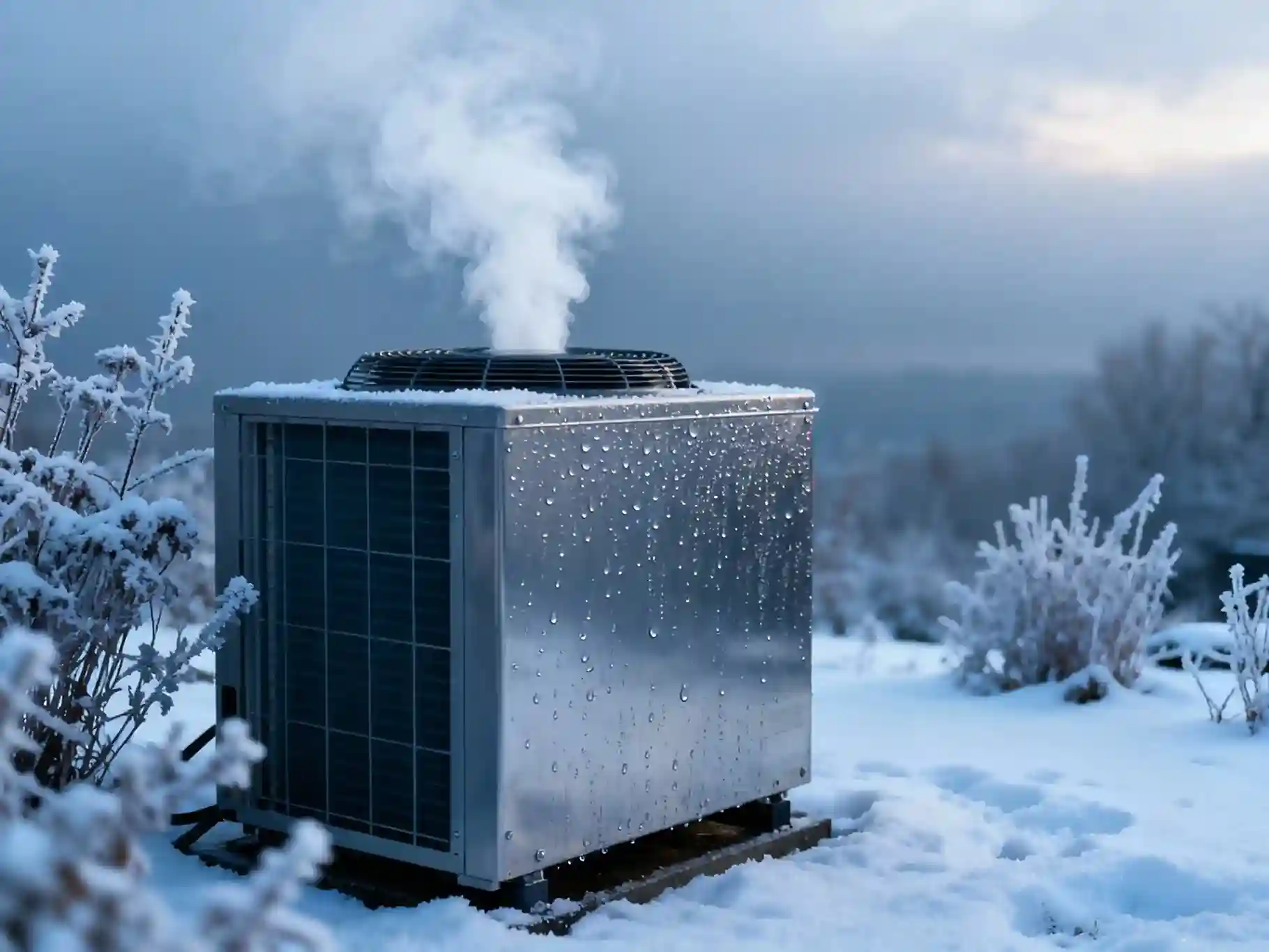 Eine Wärmepumpeneinheit im Freien ist mit Wassertröpfchen bedeckt und von Schnee auf dem Boden und den Pflanzen umgeben. Die Wärmepumpe dampft sichtbar, während Dampf oder Dampf von oben aufsteigt, was auf den Betrieb unter kalten, winterlichen Bedingungen hinweist.