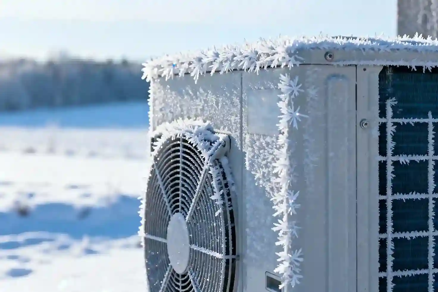Ein mit Reif und Eiskristallen bedecktes Außenklimagerät steht an einem kalten, sonnigen Wintertag in einer Schneelandschaft und wird effizient von Polarstern Strom betrieben.