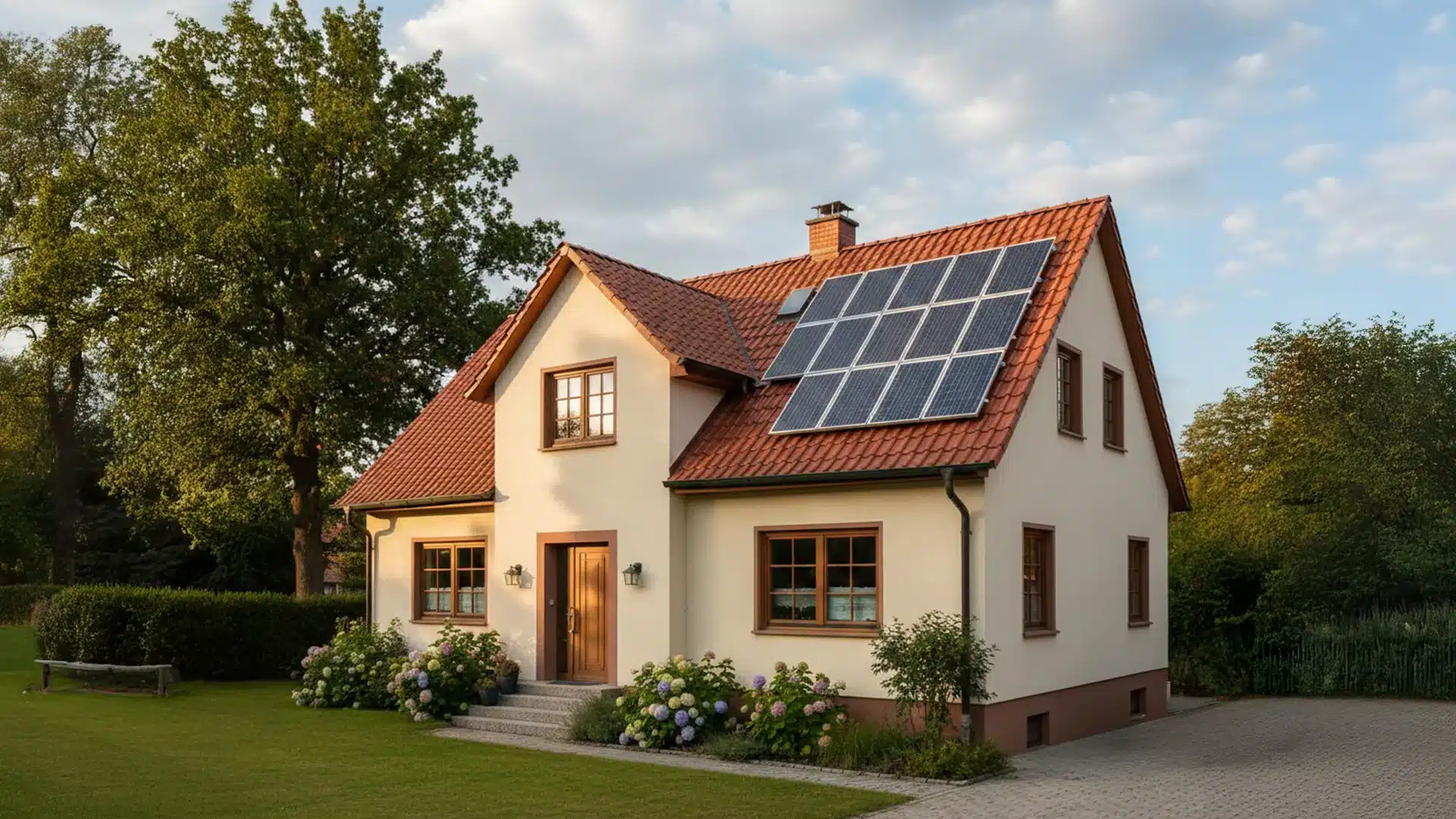 Ein cremefarbenes Haus mit rotem Ziegeldach und Sonnenkollektoren, umgeben von grünem Gras, Blumen, Büschen und Bäumen unter einem teilweise bewölkten Himmel - ideal zum Staunen: Wie viel Strom produziert eine 5 kWp Photovoltaikanlage am Tag?.