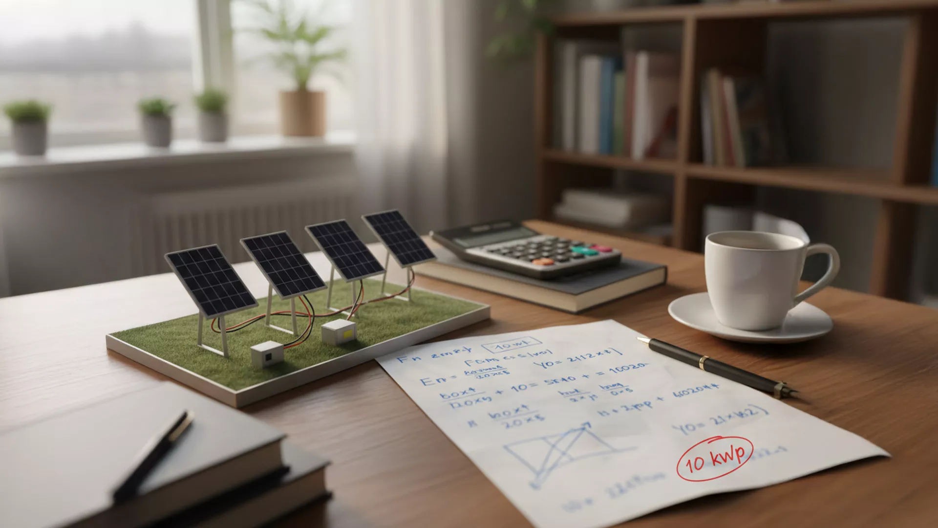 Ein Schreibtisch mit einem Miniaturmodell eines Solarpanels, einem Taschenrechner, einer Kaffeetasse und Papieren mit Berechnungen zur Solarenergie und einem Diagramm, in dem 10 kWp eingekreist sind. Im Hintergrund befinden sich Regale und Pflanzen.