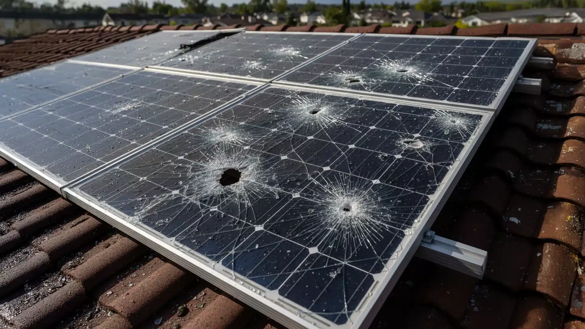 Sechs Solarmodule auf dem Dach weisen mehrere große Risse und Löcher auf, die beschädigt oder zertrümmert zu sein scheinen - wahrscheinlich durch einen Aufprall, möglicherweise aufgrund von Fehlern bei Solaranlagen. Die Paneele ruhen auf braunen Dachziegeln mit verschwommenen Häusern und Bäumen im Hintergrund.