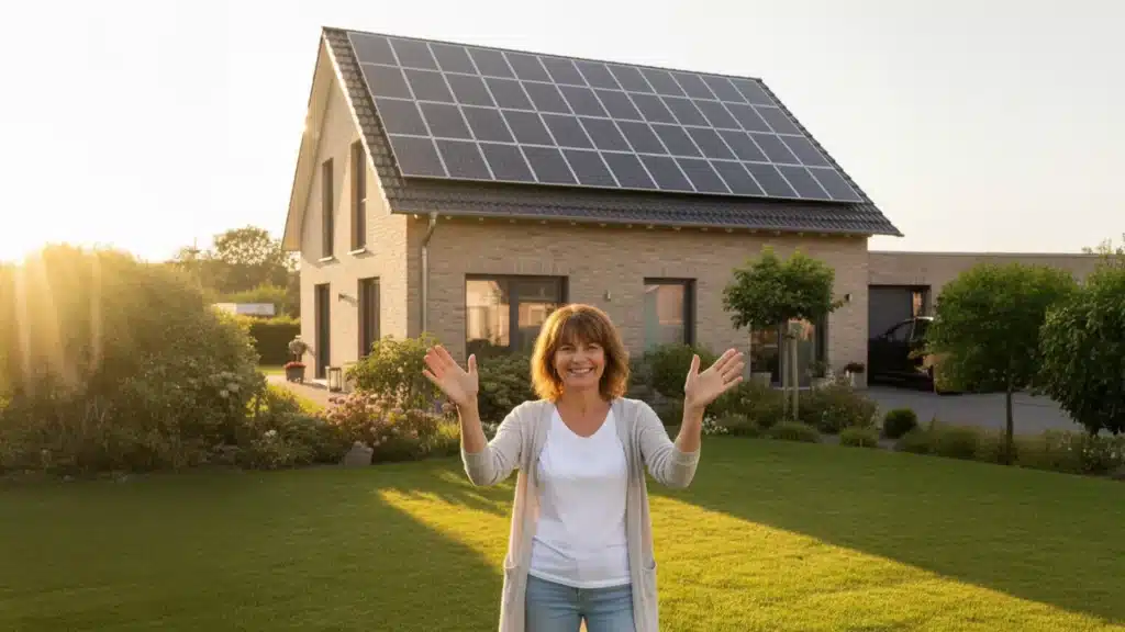 Eine lächelnde Frau steht an einem sonnigen Tag mit erhobenen Händen vor einem modernen Haus mit Sonnenkollektoren auf dem Dach, das von einem grünen Rasen und einem angelegten Garten umgeben ist.