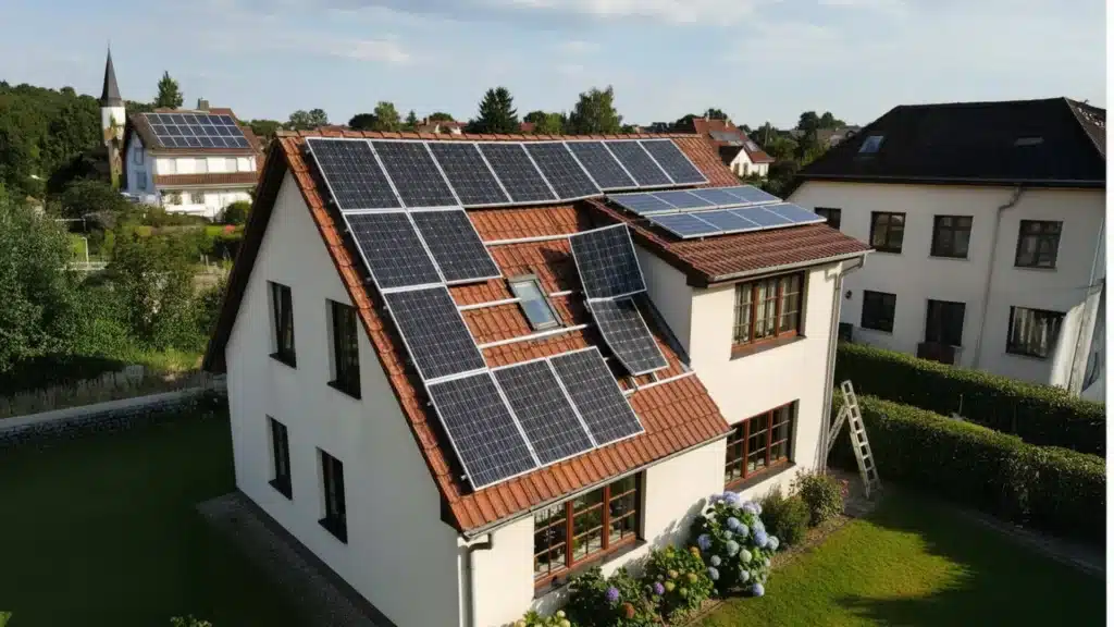 Ein zweistöckiges Haus mit einem roten Ziegeldach, das mit Sonnenkollektoren bedeckt ist, umgeben von grünen Rasenflächen und Gärten, wobei an einem sonnigen Tag die Nachbarhäuser und Bäume im Hintergrund zu sehen sind.