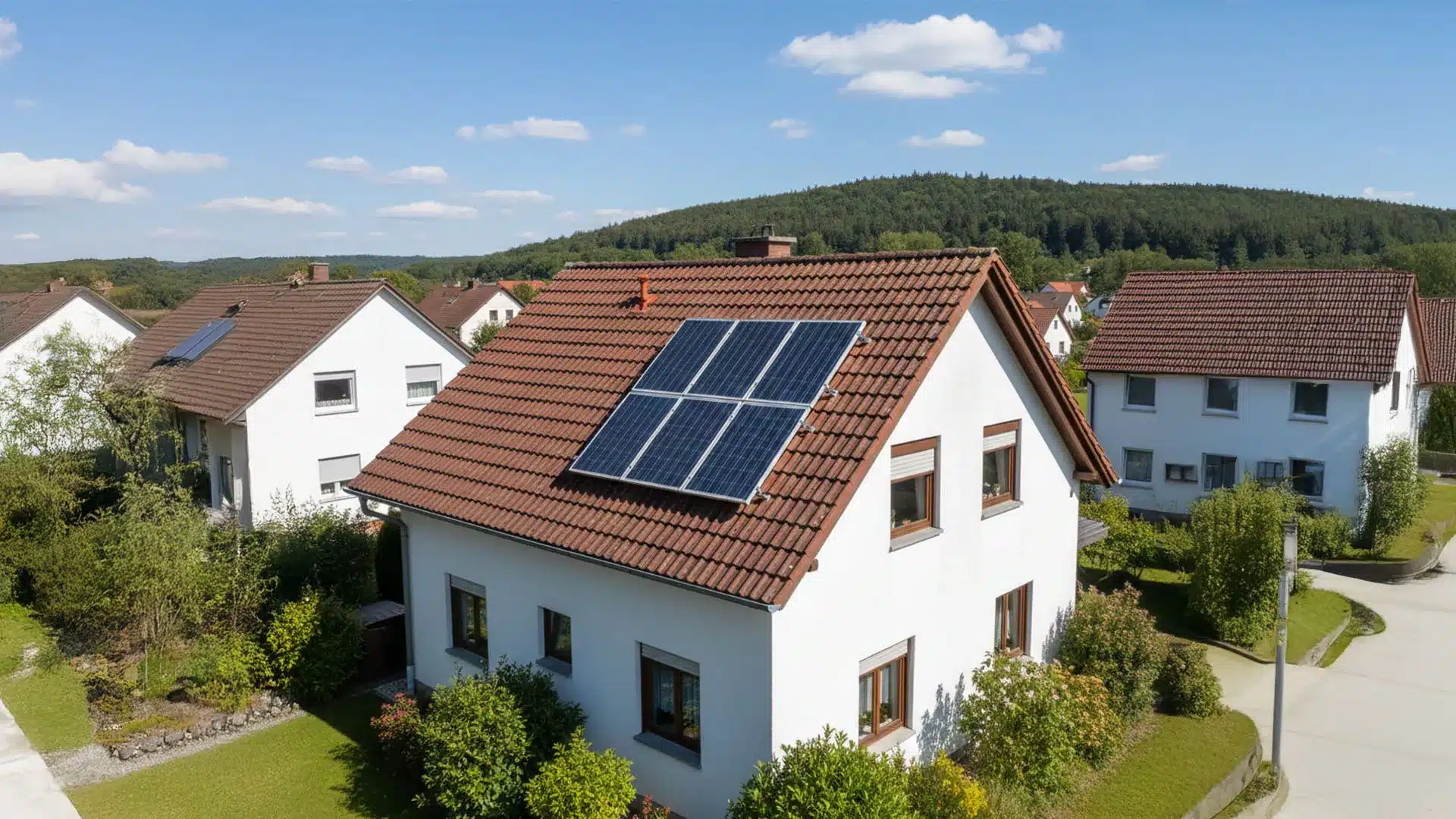 Ein weißes Haus mit rotem Ziegeldach und Sonnenkollektoren demonstriert, wie viel Strom eine 10 kWp Photovoltaikanlage am Tag produzieren kann. Es ist umgeben von grünen Büschen und Bäumen, von ähnlichen Häusern und einem bewaldeten Hügel unter einem blauen, wolkenverhangenen Himmel.