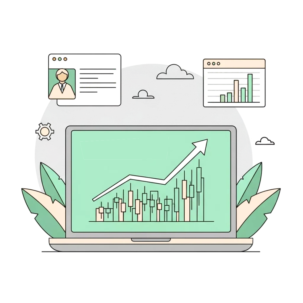 Illustration eines Laptops mit einem ansteigenden Balken- und Liniendiagramm, das Geschäftswachstum durch nachhaltiges Geld anlegen symbolisiert. Um den Laptop herum sind Diagramme, ein Benutzerprofilfenster, Zahnräder, Blätter und Wolken im Hintergrund.