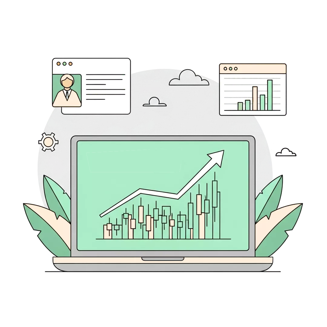 Illustration eines Laptops mit einem ansteigenden Balken- und Liniendiagramm, das Geschäftswachstum durch nachhaltiges Geld anlegen symbolisiert. Um den Laptop herum sind Diagramme, ein Benutzerprofilfenster, Zahnräder, Blätter und Wolken im Hintergrund.