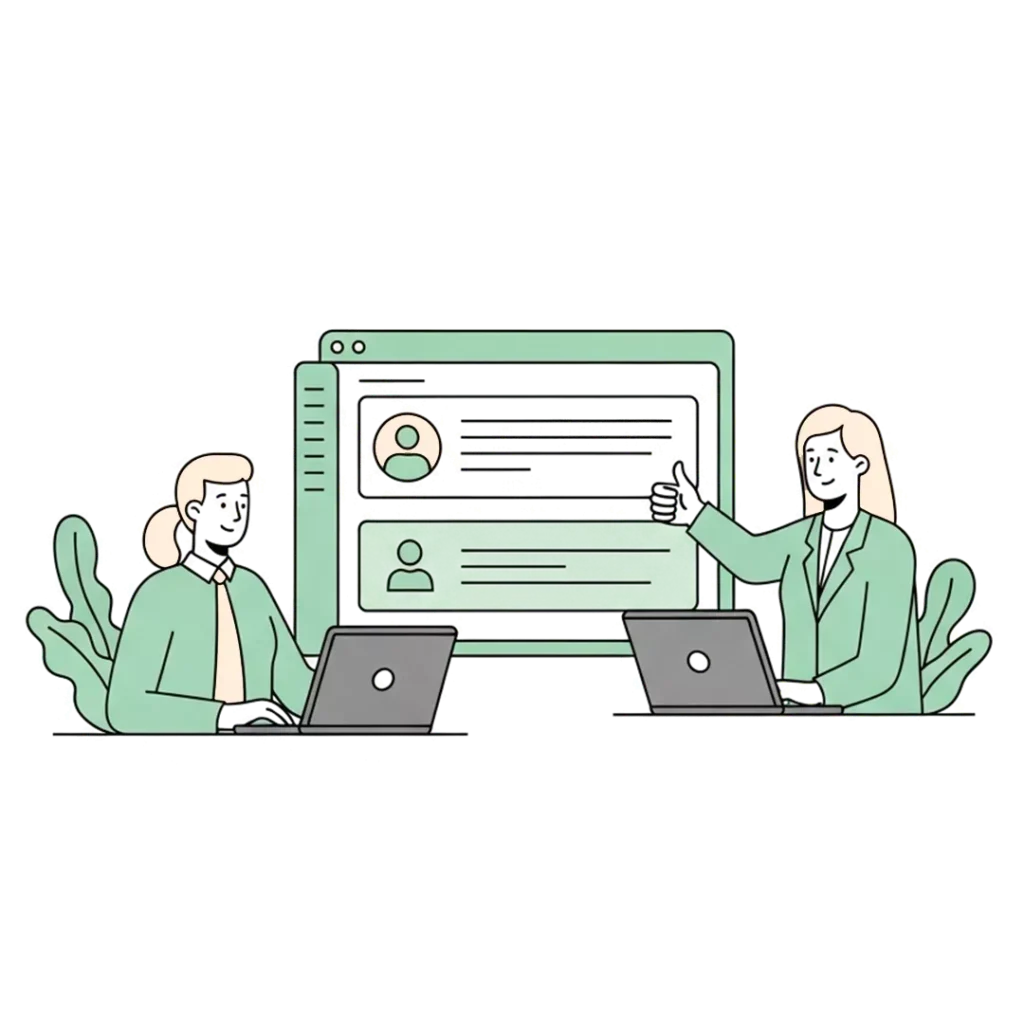 Illustration von zwei Personen, die an Laptops arbeiten, wobei eine Person auf einen großen Computerbildschirm zeigt, der im Hintergrund eine Benutzerprofilschnittstelle anzeigt, die Tipps symbolisiert, wie man nachhaltig Geld anlegen kann.