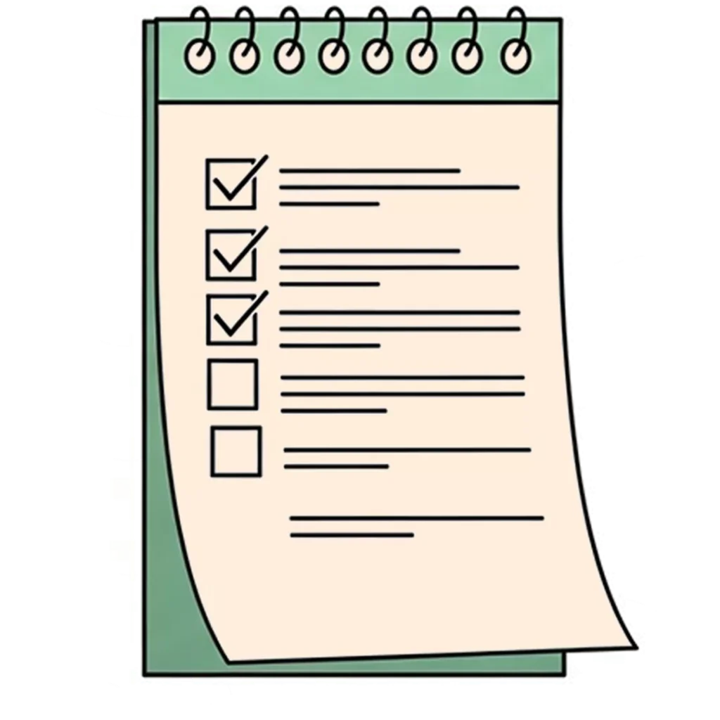 Illustration eines Spiral-Notizblocks mit einer Checkliste, ideal für die Verfolgung von Zielen wie nachhaltig Geld anlegen. Vier Punkte sind abgehakt, zwei Kästchen bleiben unabgehakt. Der Notizblock hat einen grünen Einband und cremefarbene Seiten.