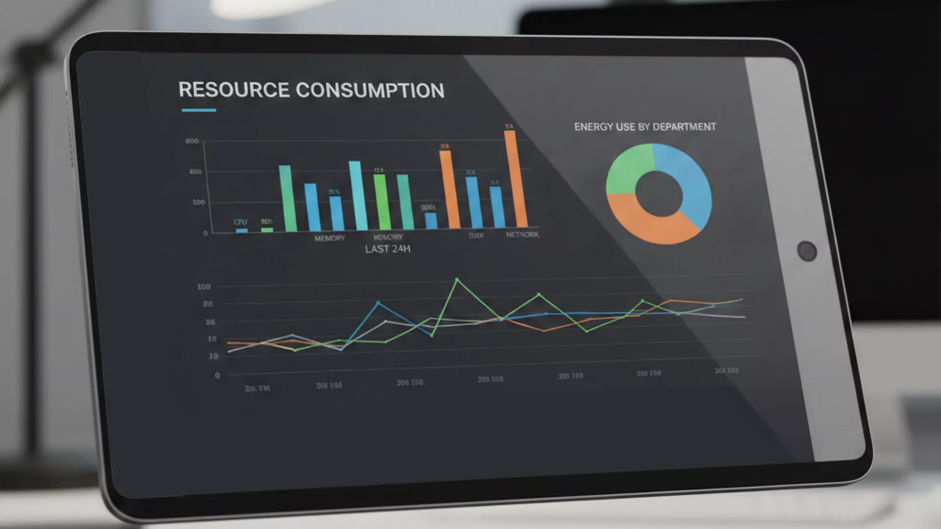 Ein Tablet zeigt Diagramme zum Ressourcenverbrauch an: ein Balkendiagramm für CPU-, Speicher-, Festplatten- und Netzwerknutzung über 24 Stunden, ein Donut-Diagramm für den Energieverbrauch nach Abteilung und ein mehrzeiliges Diagramm für Nutzungstrends.