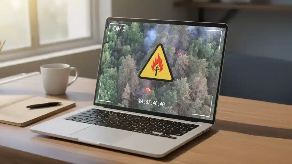 Ein Laptop auf einem Schreibtisch zeigt ein Warnsymbol für einen Waldbrand über einem Luftbild eines Waldes an, wobei eine Kamerabezeichnung und ein Zeitstempel auf dem Bildschirm sichtbar sind. Auf dem Schreibtisch stehen auch eine Kaffeetasse und ein Notizbuch.
